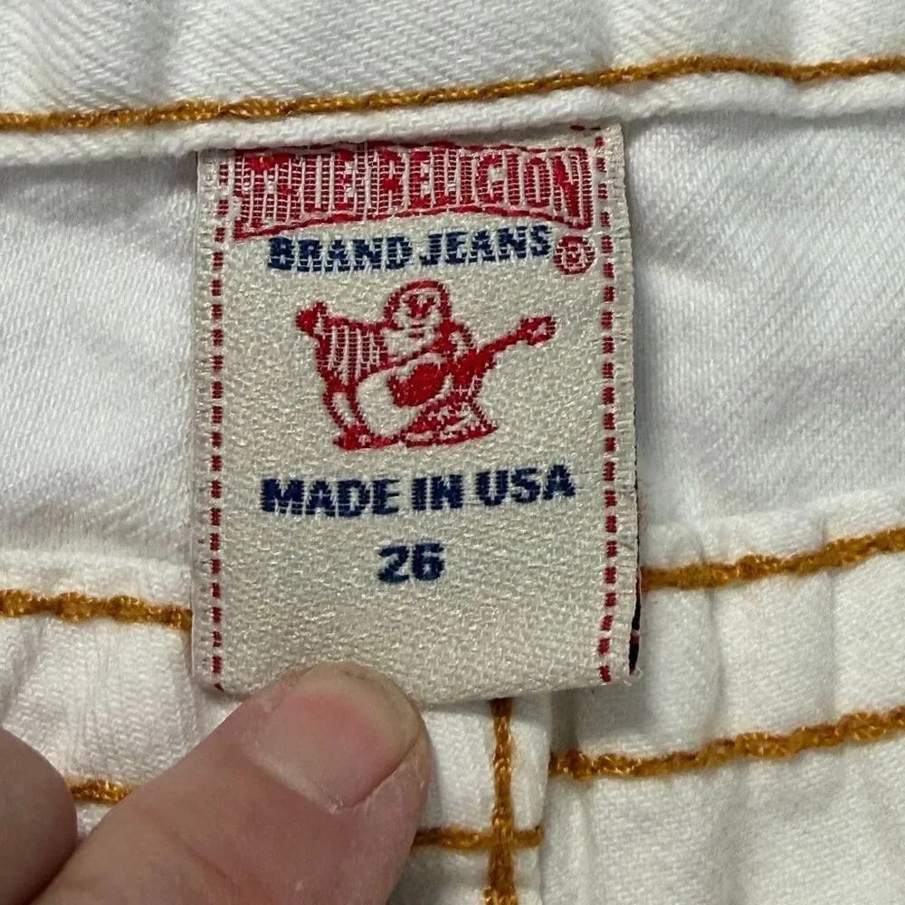 Vintage True Religion White Distressed Joey Cut Off Embellished Shorts Size 26
